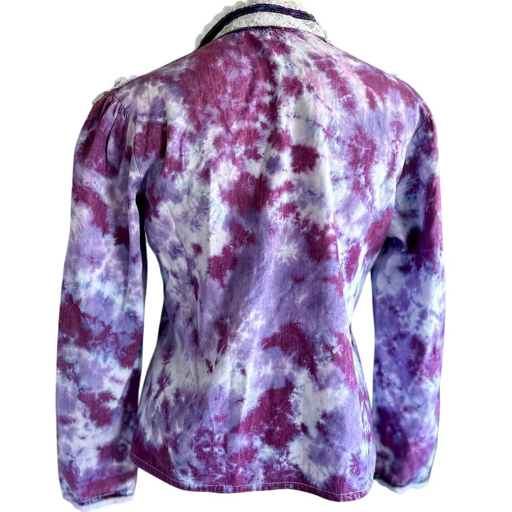 Womens Top Medium Tie Dye Purple Long Sleeve Button Up Western Style Lace Trim - Picture 7 of 8